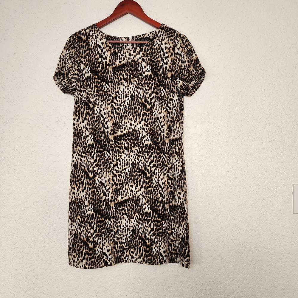 Rachel Zoe Animal Print Black Cream Mini Dress Short Sleeve Size 6 Zip Back Glam